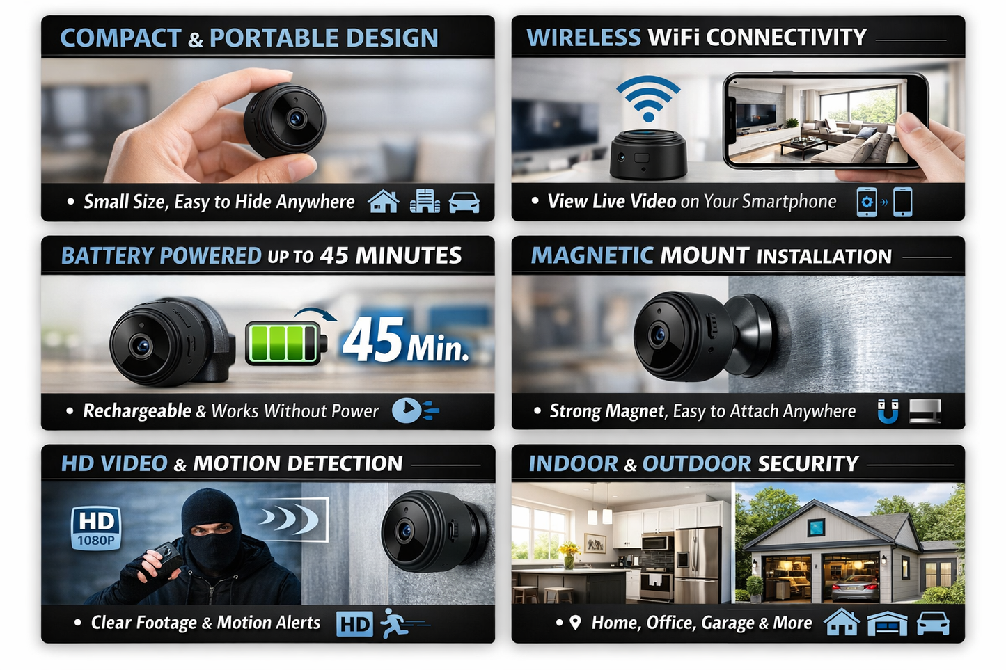 Portable Mini WiFi Camera for Indoor Outdoor Security, Battery Powered Magnetic Video Equipment, Work 45 Minutes Without Power (Black)