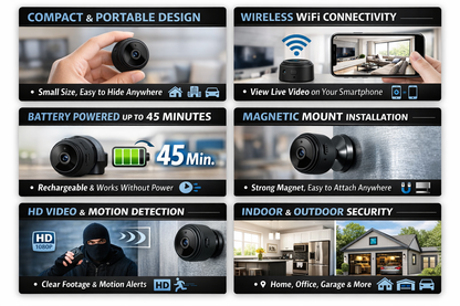 Portable Mini WiFi Camera for Indoor Outdoor Security, Battery Powered Magnetic Video Equipment, Work 45 Minutes Without Power (Black)